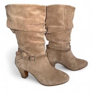 Taupe Suede Slouch Boots w/ Buckle | Mid Calf Block Heel Size 10